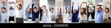 Business Team Stretching presso Workplace in Office Collage Foto Stock