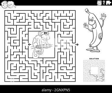 gioco di labirinto con scimmia e banana colorazione pagina libro Illustrazione Vettoriale