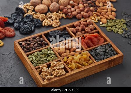 Varie varietà di noci, semi e frutta secca giacenti in scatola di legno su sfondo nero ardesia. Vista dall'alto. Cibo sano. Alimentazione vegetariana Foto Stock