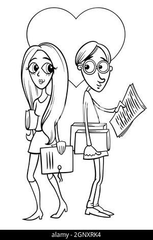 carta valentine in bianco e nero con giovane coppia innamorata Illustrazione Vettoriale