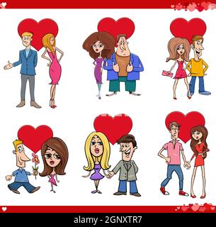 Illustrazione cartoon di San Valentino con coppie innamorate Illustrazione Vettoriale