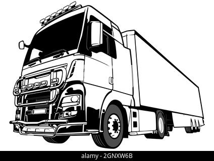 Camion in bianco e nero Big Rig Illustrazione Vettoriale