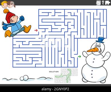 labirinto gioco educativo con ragazzo e pupazzo di neve Illustrazione Vettoriale