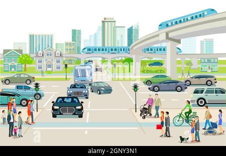 Trasporto con treno sopraelevato, autobus e mezzi di trasporto su strada Illustrazione Vettoriale