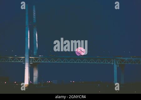 Harvest moon e il ponte di Yokohama Bay del Mid-Autumn Festival. Luogo di tiro: Yokohama-città prefettura di kanagawa Foto Stock