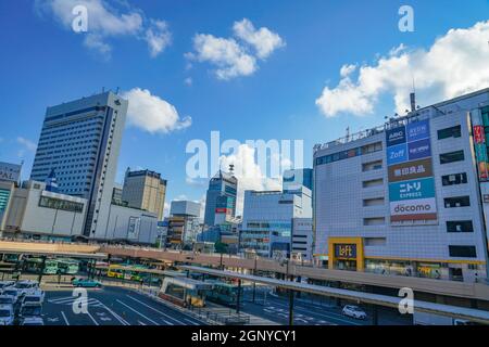 Uscita ovest per Streets of Sendai Station. Luogo di tiro: Sendai, Prefettura di Miyagi Foto Stock