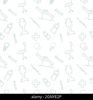 Cura dentale, Ortodonzia modello senza giunture con icone di linea. Dentista, attrezzatura medica, bretelle, protesi dentaria, Floss, trattamento carie, dentifricio. Illustrazione Vettoriale