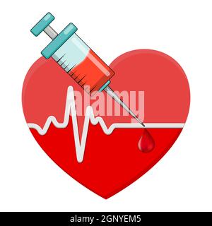Battito cardiaco e siringa con goccia di sangue. Forma del cuore rosso con il vaccino in esso. Icona vettoriale isolata su sfondo bianco. Illustrazione Vettoriale