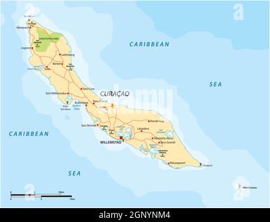 Mappa stradale vettoriale dell'isola Caribbean ABC di Curacao Illustrazione Vettoriale