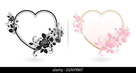 Amore con cornici di fiori di rosa, cuore con fiori di rosa e farfalle. Cuore con ornamento floreale, sfondi bianchi isolati. Applicabile per giorno di San Valentino, biglietti d'auguri, invito al matrimonio Illustrazione Vettoriale