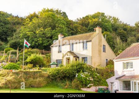 Attraente cottage gallese che volano la bandiera gallese che domina i resti della chiesa di San Brynach. CWM-Yr-Eglwys, Dinas, Pembrokeshire Foto Stock