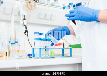 Primo piano delle mani del medico femminile indossando guanti e camice bianco eseguendo l'esperimento mentre si tengono le provette Foto Stock