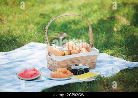 Cestino wattled picnic con pane e frutta, Ukulele, una fotocamera retrò su panno blu in verde erba giardino con spazio copia in estate soleggiato Foto Stock