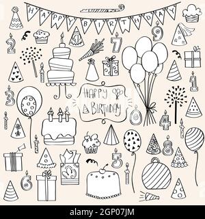 Festa di compleanno. Torte a mano, candele, palloni, Banner. Bianco e nero. Foto Stock