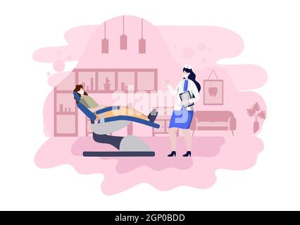 Illustrazione a colori piatta per studi dentistici. Interni ospedalieri con Workplace, Equipment, Instruments, Consultation, Treatment e Diagnosis Design Foto Stock