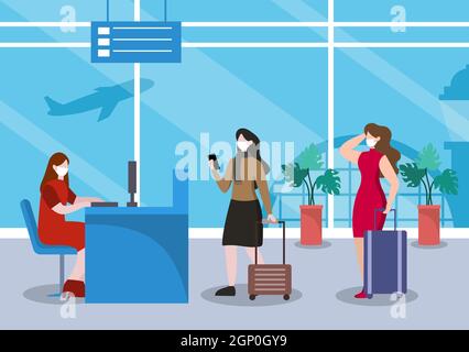 Nuova norma, illustrazione vettoriale le persone in maschere osservano la distanza sociale nell'aeroporto interno, Check-in Line e Queue Travel Flat Design. Illustrazione Vettoriale