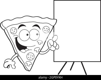 Illustrazione in bianco e nero di una fetta di pizza che punta a un segno. Illustrazione Vettoriale