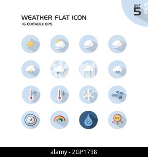 Gruppo meteorologico e meteorologico. Sole, nuvole, temperatura e pressione. Icona isolata impostata in un cerchio. Illustrazione vettoriale piatta Illustrazione Vettoriale