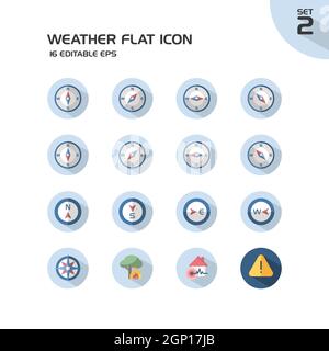 Gruppo meteorologico e meteorologico. Compass e disastri naturali. Icona isolata impostata in un cerchio. Illustrazione vettoriale piatta Illustrazione Vettoriale