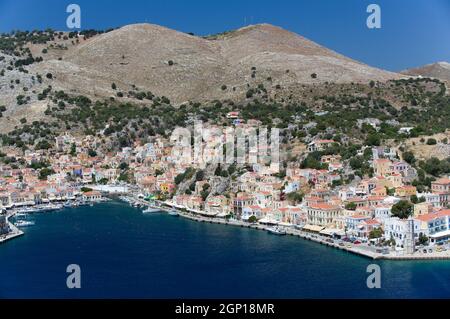 Porto di Gialos, Isola di Symi (Simi), Isola Dodecanese, Grecia Foto Stock