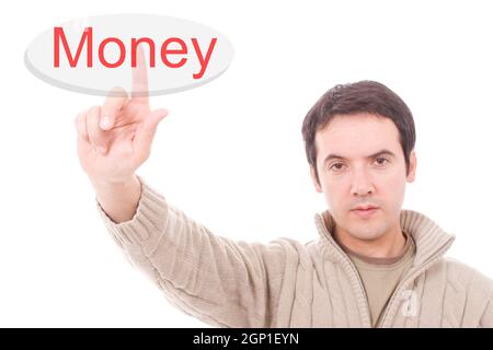 Giovane uomo d affari preme il tasto denaro, messa a fuoco a portata di mano Foto Stock