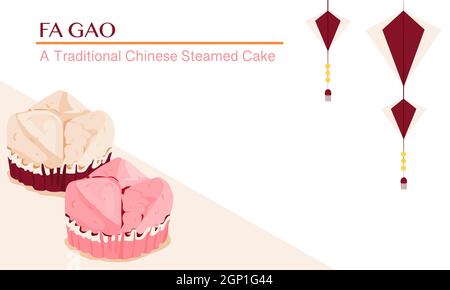Un paio di torta fortuna o fa gao su sfondo bianco con decorazione lanterna. Illustrazione vettoriale close-up isolata. Illustrazione Vettoriale