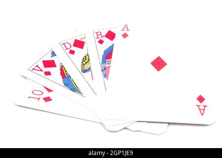 Carte da poker - Royal Flush di diamanti, isolati su sfondo bianco Foto Stock