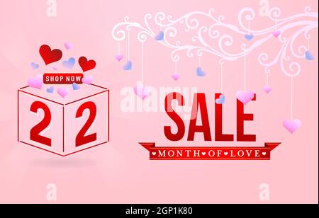 Vendita 2.2, vendita online 2.2, vendita mese d'amore, confezione regalo e amore con ornamento swirl segno numero d'amore nastro rosso con sfondo isolato, per poster, volantino, banner social media, negozio di promozione etichetta Illustrazione Vettoriale