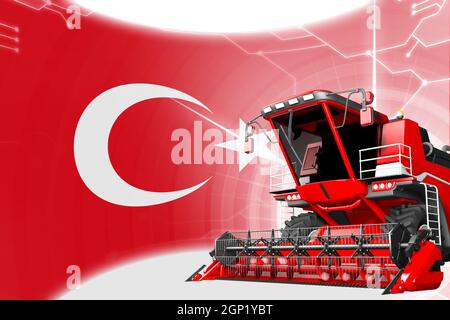 Concetto di innovazione agricola, mietitrebbia per granella avanzata rossa sulla bandiera della Turchia - illustrazione 3D industriale digitale Foto Stock