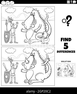 differenze gioco educativo con cavaliere e drago colorare pagina libro Illustrazione Vettoriale
