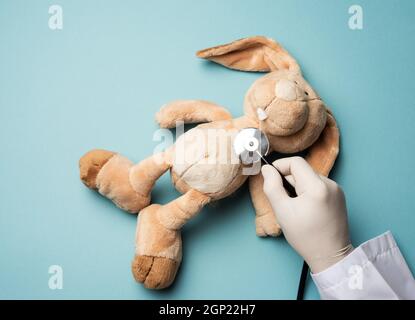 peluche coniglio giace su uno sfondo blu, una mano maschio in un guanto bianco lattice contiene uno stetoscopio medico, vista dall'alto, pediatria Foto Stock