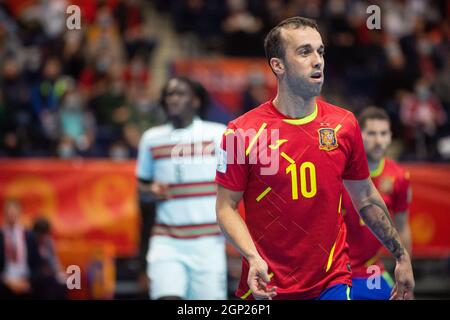 2021-09-27. COLPO DI STATO MONDIALE FIFA FUTSAL LITUANIA 2021. Spagna-Portogallo - 2-4. Foto di Alfredas Pliadis Foto Stock