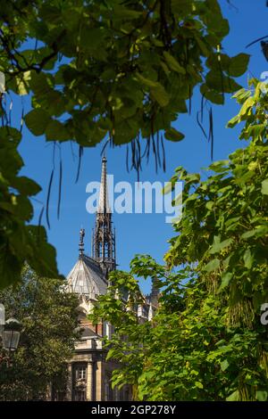 Particolare di Sainte Chapelle a Parigi con alcuni alberi in primo piano Foto Stock