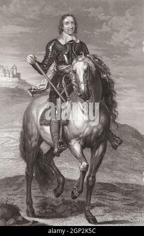 Ritratto equestre di Oliver Cromwell, 1599 - 1658. Leader militare e politico inglese. Dopo un'incisione di Francis Holl da un'incisione di Pierre Lombart che a sua volta si basava su un ritratto di Re Carlo i di Sir Anthony van Dyck. Per citare le note della National Portrait Gallery: Lombart dipinse Oliver Cromwell, ma dopo la sua morte e il crollo del Commonwealth nel 1660, la testa di Cromwell fu lucidata e riincisa come re francese Luigi XIV Dopo la morte di Lombart, Luigi fu cancellato e Cromwell reintrodotto, come si vede qui, in risposta alla domanda del mercato. Foto Stock