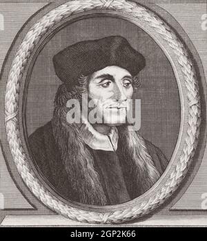 Erasmus. Nome completo Desiderius Erasmus Roterodamus, 1466 - 1536, alias Erasmus di Rotterdam. Umanista del Rinascimento olandese, sacerdote cattolico e teologo. Dopo un'incisione di Jan Lamsvelt. Foto Stock