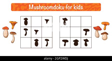 Mushroomdoku gioco educativo per i bambini. Sudoku con attività di funghi commestibili per bambini. Rompicapo della scuola. Foglio di lavoro didattico. Vettore Premium Illustrazione Vettoriale
