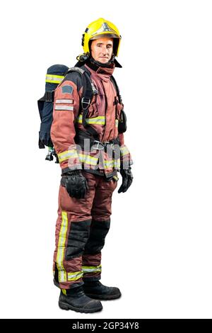 Ritratto a tutta lunghezza di Fireman in uniforme isolato su sfondo bianco. Foto Stock