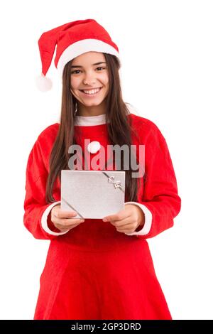 Una bella donna asiatica con santa claus hat offrono doni Foto Stock