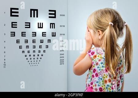 Vicino la vista posteriore della bambina guardando occhio grafico di prova.Kid chiudendo un occhio con la mano. Foto Stock