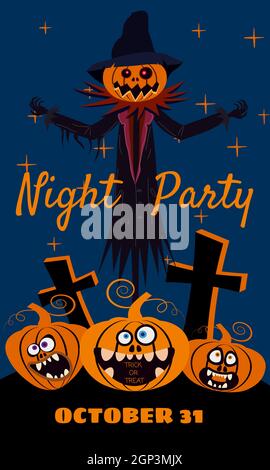 Personaggio di Spaventapasseri Halloween al cimitero con una testa di zucca Jack o Lanterna in cappotto strappato. Isolato su sfondo bianco stile cartoon Illustrazione Vettoriale