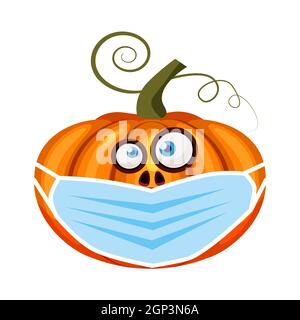 Halloween Pumpkin indossare maschera medica viso da coronavirus durante la quarantena, simbolo vacanza autunno tutti i Santi giorno. Illustrazione vettoriale isolata Illustrazione Vettoriale