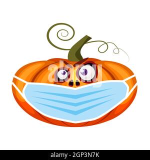 Halloween Pumpkin indossare maschera medica viso da coronavirus durante la quarantena, simbolo vacanza autunno tutti i Santi giorno. Illustrazione vettoriale isolata Illustrazione Vettoriale