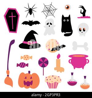 Nuovo grande set di elementi per Halloween. Icone cartoni animati per vacanza e poster e design di invito in viola e rosa Illustrazione Vettoriale
