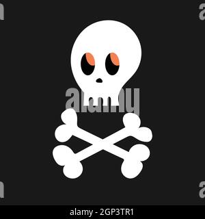Cranio cartoon e ossa su sfondo nero. Semplice icona di Halloween vettoriale bianca Illustrazione Vettoriale