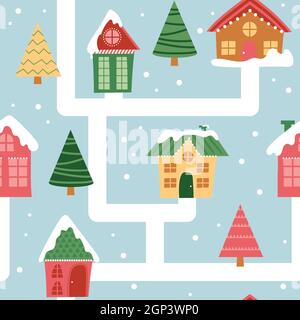 Cartoon inverno città di natale senza cuciture modello. Strada nevosa tra le case. Design per imballaggio o tessuto Illustrazione Vettoriale