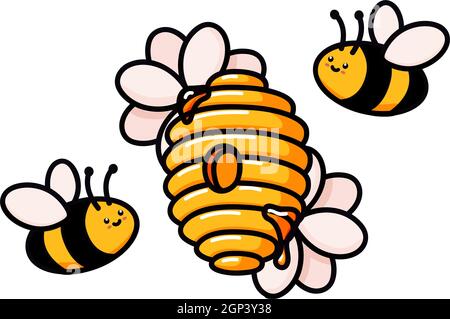 Alveare con belle api e fiori. Illustrazione del vettore di barbatella dell'alveare giallo. Casa della vespa, ape e insetto con fiori. Produzione di miele, apicoltura. Illustrazione cartoon piatta isolato su bianco Illustrazione Vettoriale