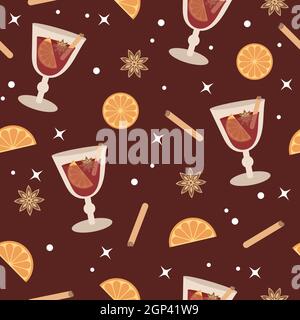VIN brulé invernale senza cuciture con vino rosso caldo e spezie su sfondo borgogna. Flat vettore illusatrtion di inverno e autunno bevanda Illustrazione Vettoriale