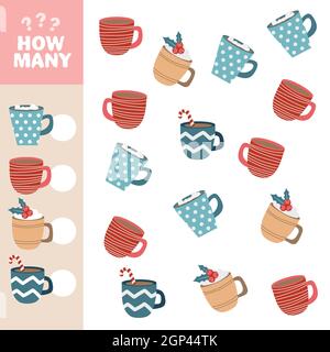Quanti oggetti sono task. Gioco di matematica educativa per bambini prescolare. Gioco di conteggio per bambini. Pagina delle attività per bambini. Cuccioli di Natale. Illustrazione Vettoriale