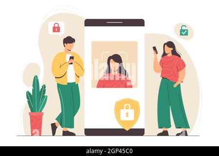 Concetto di tecnologia di riconoscimento facciale. Sistema Face ID nell'app per smartphone, concetto di identificazione biometrica. Uomo e donna si levano in piedi con i telefoni e scansionano i volti per verificare l'identità della persona e sbloccare il dispositivo Illustrazione Vettoriale
