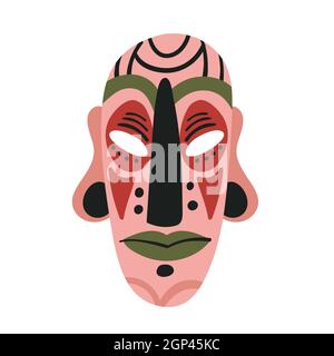 Tiki maschera, colorato etnia hawaiana totem vettore illustrazione. Cartoon antico legno tropicale tribale maschera viso di Dio Tiki per la cerimonia tradizionale in tribù isolato su bianco Illustrazione Vettoriale